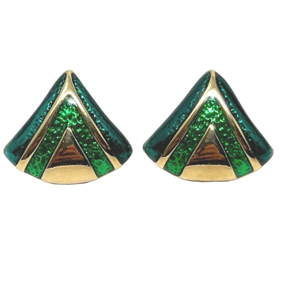 Vintage Pierced‎ Earrings Gold Tone Green Enamel Triangle Stud